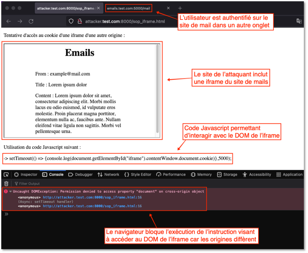 Exemple d’erreur générée lors de l’accès aux attributs d’une iframe depuis une autre origine