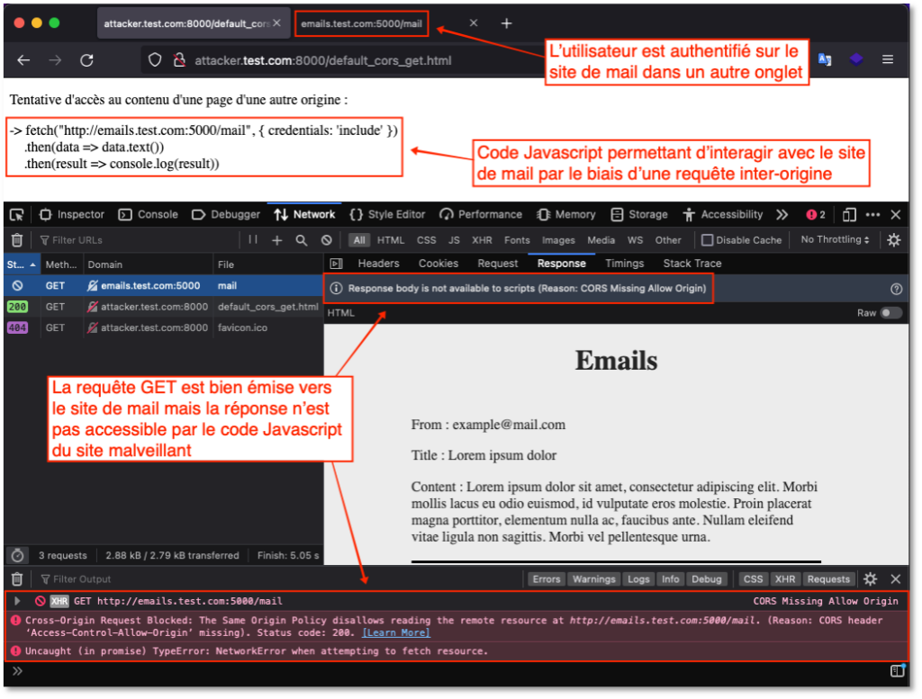 Exemple d’erreur générée lors de l’émission d’une requête GET simple inter-origines