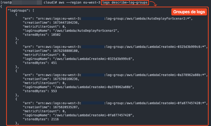 Exemple de groupes de logs indiquant l’utilisation du service Lambda