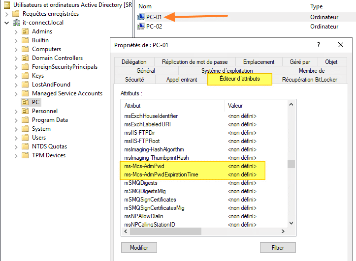 Attributs LAPS ajouter sur le compte machine PC-014 